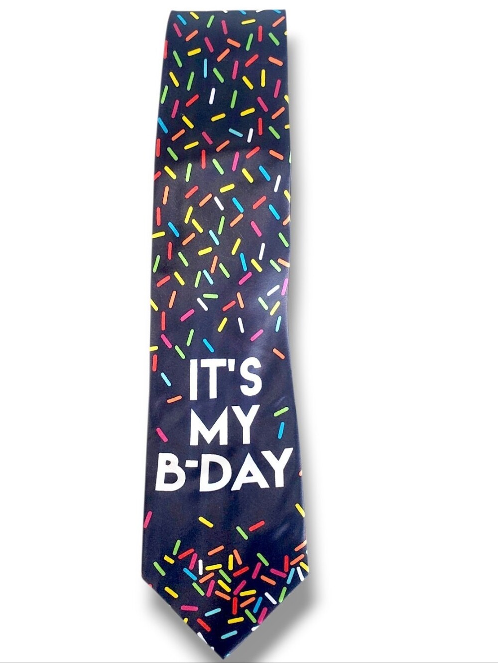 Men's Black Polyester Tie "IT'S MY B-DAY" Multicolor Sprinkles Print Novelty
